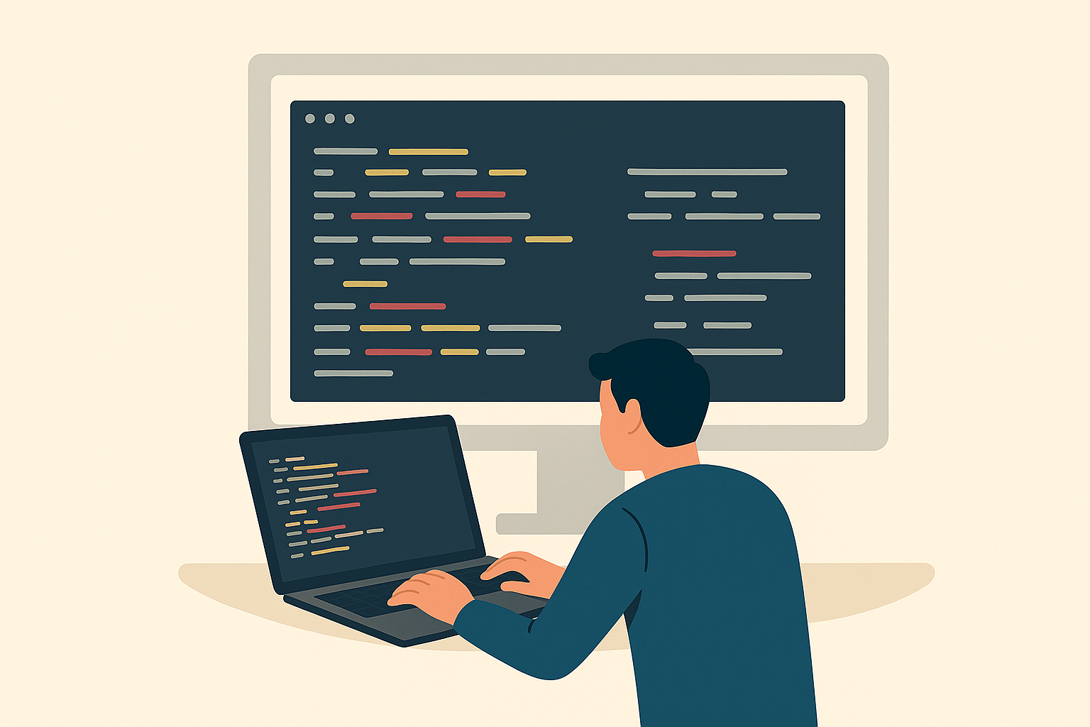 Developer working with code on multiple screens